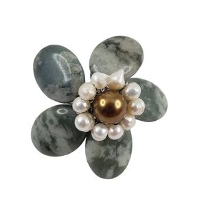 Vintage green ocean jasper ring adjustable size freshwater pearls Hawaiiana